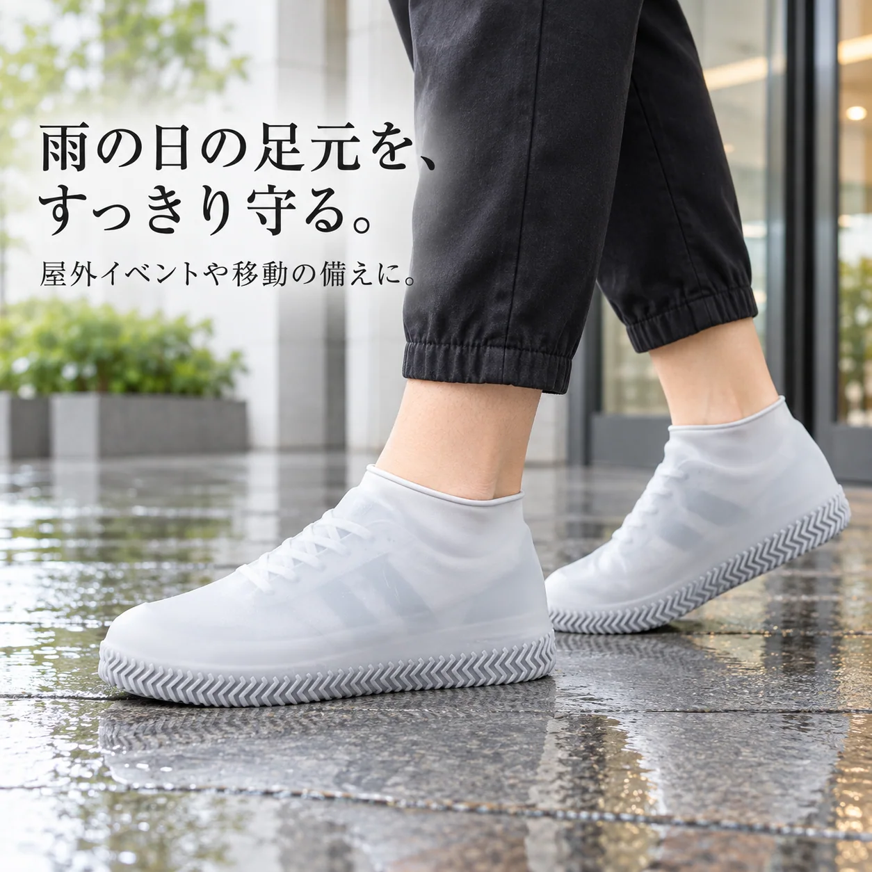 折りたたみ レインシューズカバー — いつもの靴の上から。（参考画像）