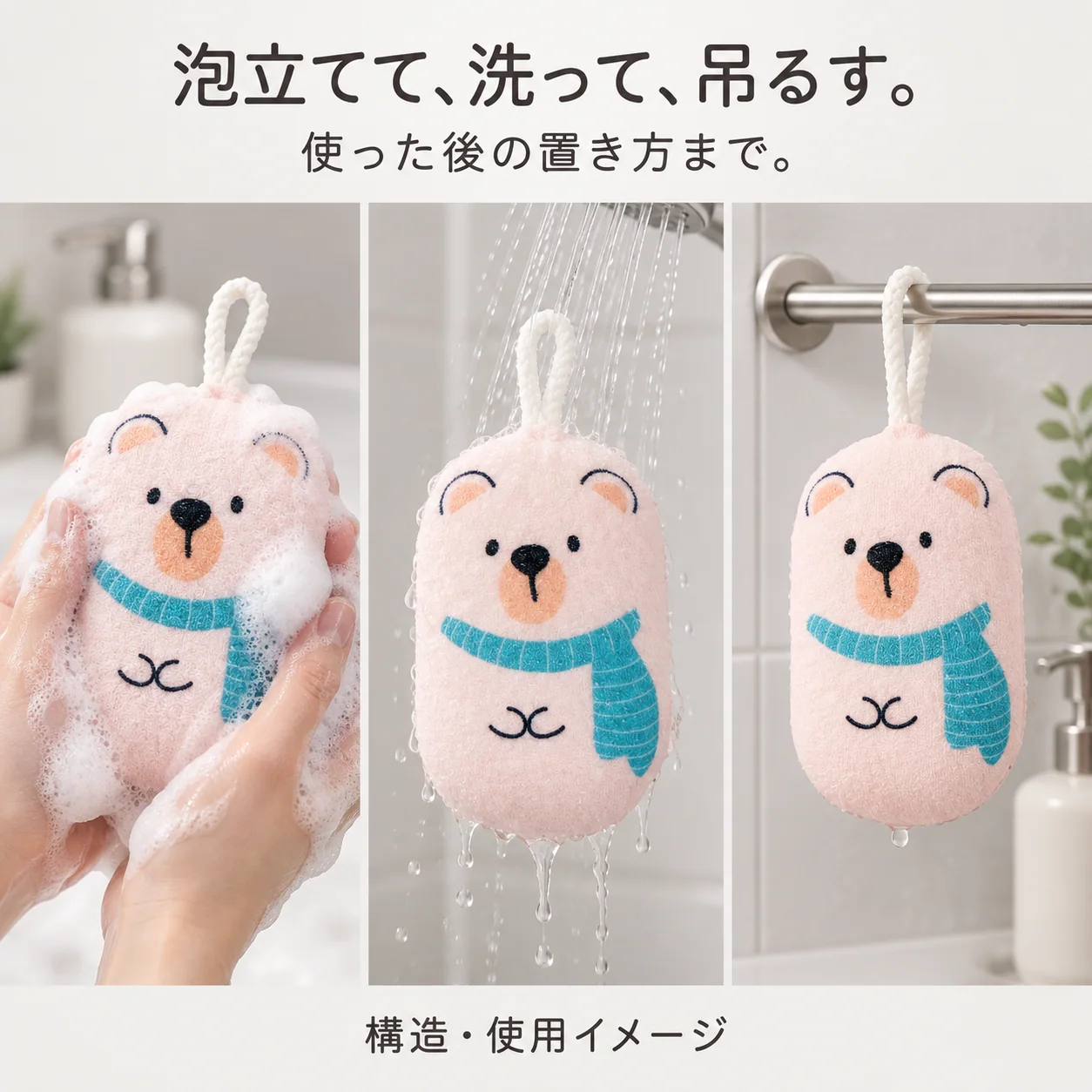 くま形 バススポンジ — 使ったあとは、掛けておく。（参考画像）